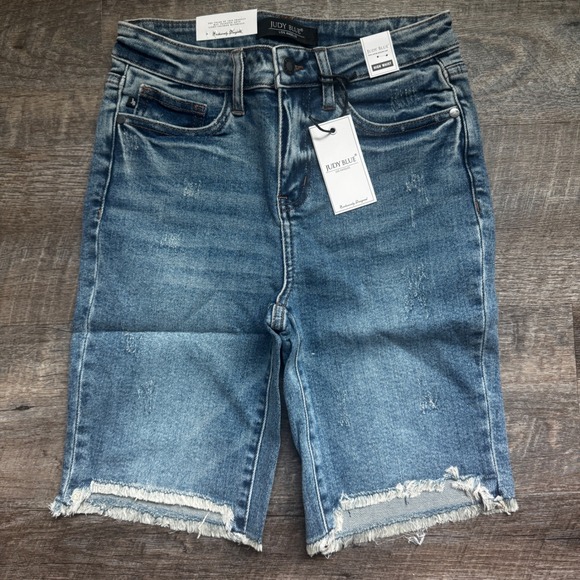 Judy Blue Pants - Judy Blue NEW JB150030 Bermuda Jean Shorts Size S High Waist Medium Blue Frayed